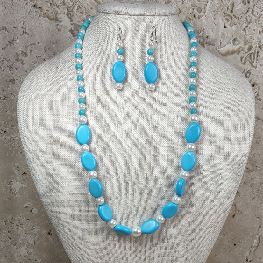Artisan Crafted Turquoise HowliteFaux Pearl NecklaceEarrings Set 38$